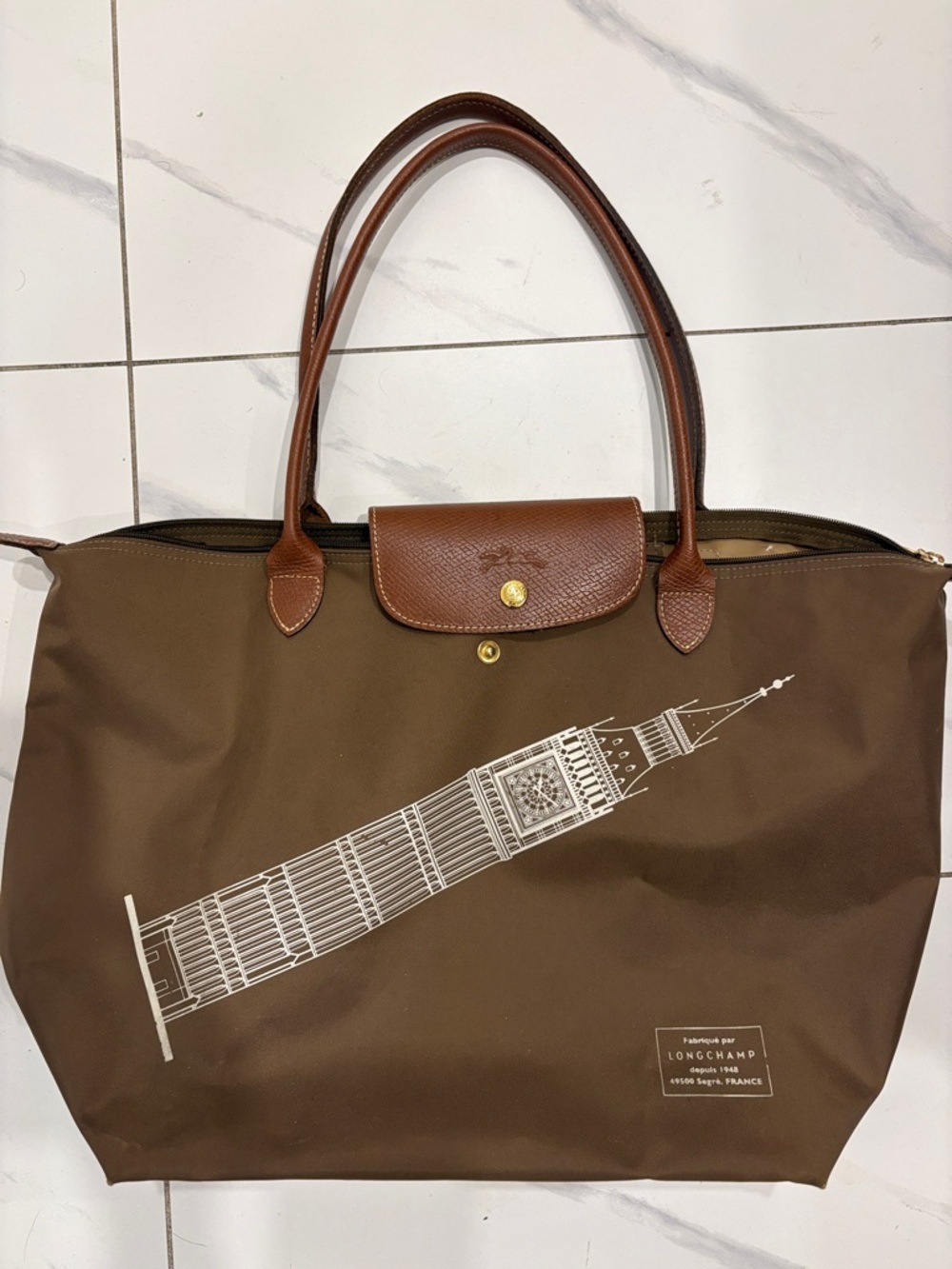 Longchamp Big Ben Le Pilage Tote Brown Nylon Tote with Tan Leather Trim